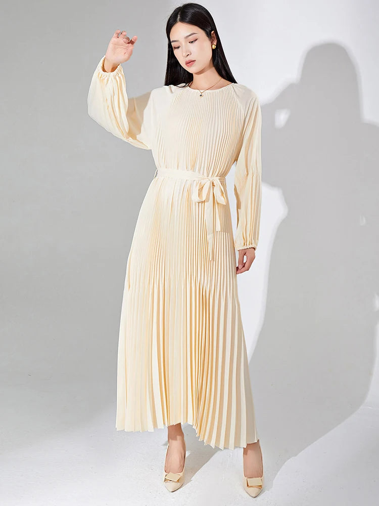 Fashion Pleated Dress with Belt | Loose Fit | Round Neck | Long Sleeves | Solid Color | Festival Clothing