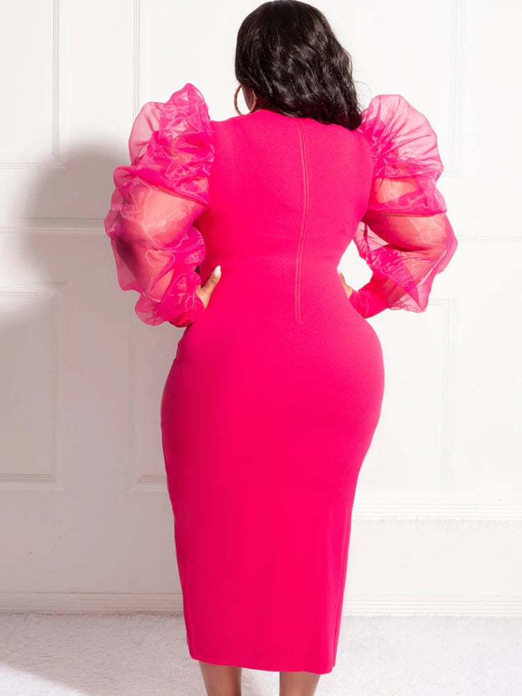 Plus Size Midi Party Dress with Tulle Patchwork and Lantern Sleeves for Women - Perfect for Birthdays and Events!