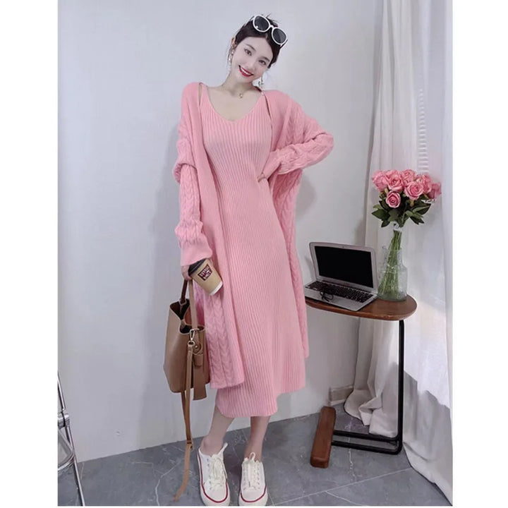 Winter Women Knitted 2 Pieces Set Casual Long Coat Dress Solid Long Sleeve Sweater Coat +Knitted Dress 2PCS Suits Women Warm Set