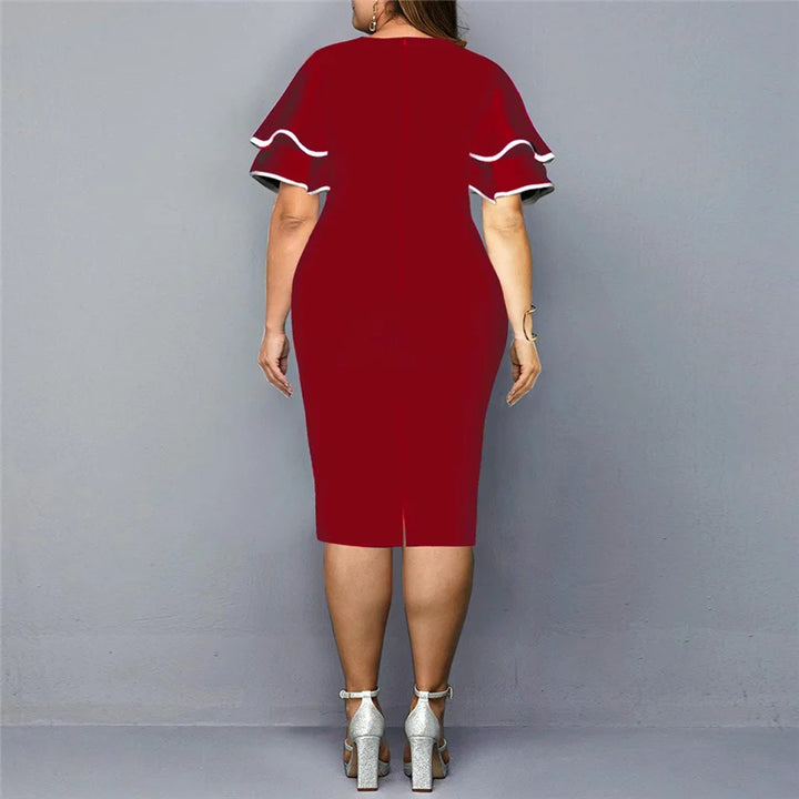 Elegant Plus Size Midi Dress - Summer Fashion for Women - V-Neck, Ruffles, Bodycon - 5XL