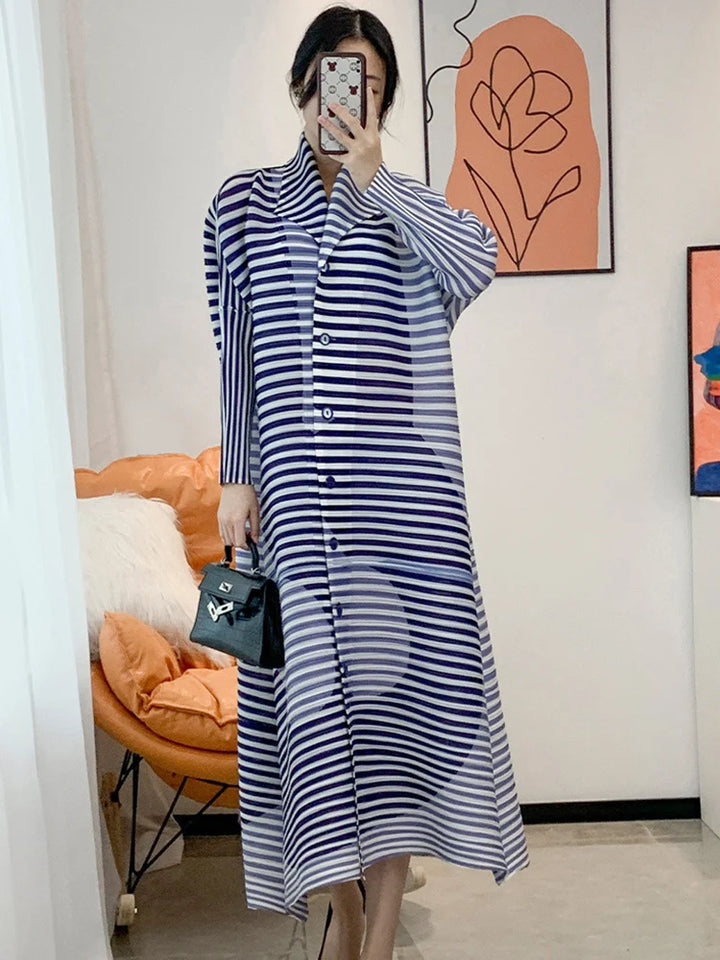 LANMREM Striped Pleated Dress - Lapel Long Sleeve - Casual Loose Fit - 2024 Spring New