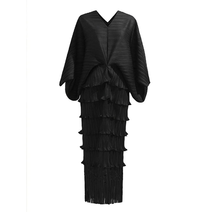 Fall Womens Pleated Dress - V-neck Bat-sleeve Fringe Hip - MIA XU STORE