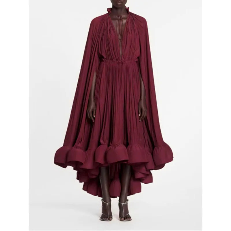 Women's V Neck Irregular Solid Dress with Cloak Sleeves, High Waist, and Lace Up Detail - Summer Fashion