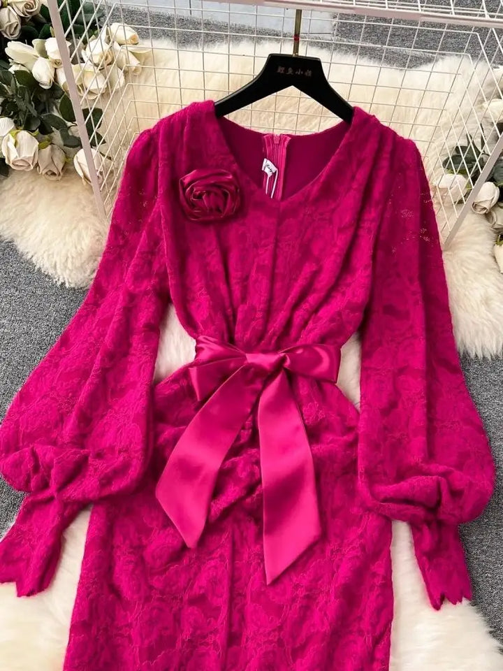 Sexy Split Flocking Lace Dress - V Neck Floral Lace Up Belt