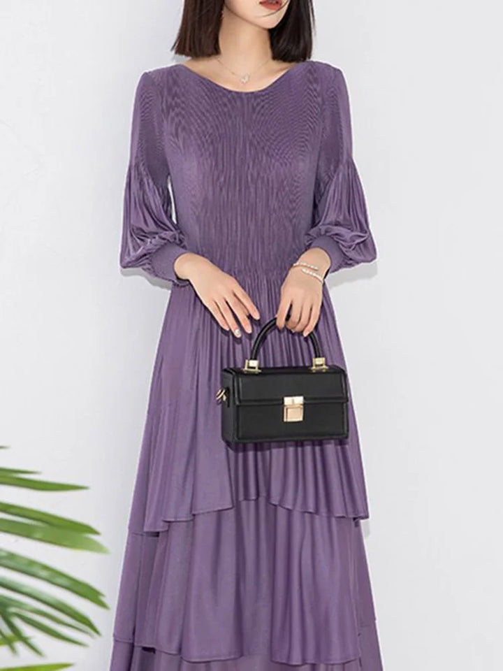 LANMREM Elegant Pleated Dress - Round Neck, Solid Color, Long Sleeves, Party Clothing - 2DA1874
