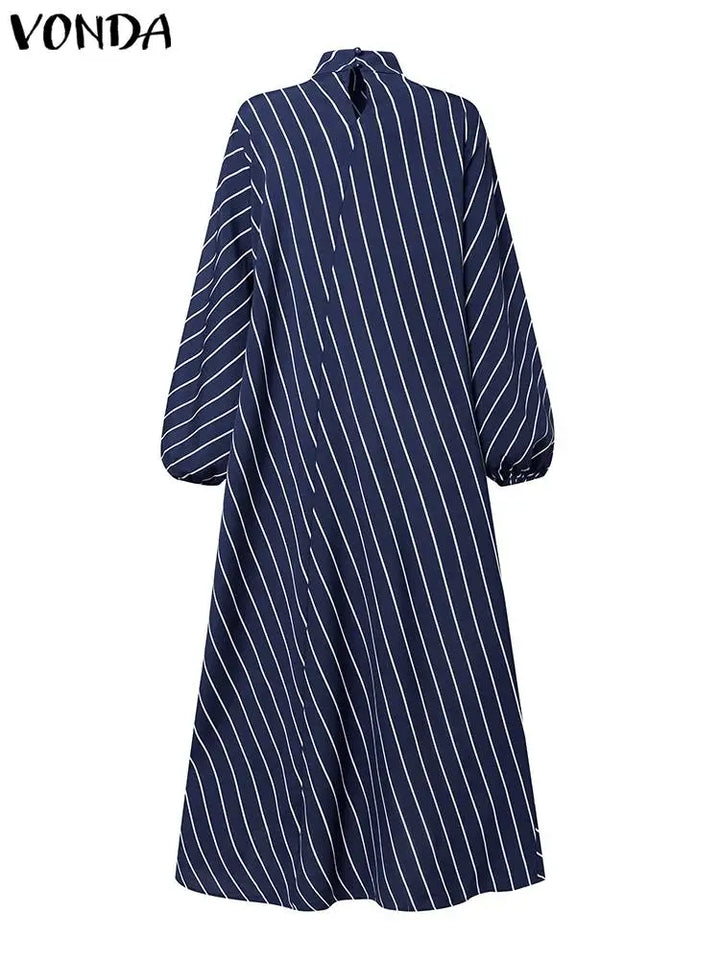 Plus Size 5XL VONDA Fashion Striped Maxi Dress Bohemian Women High Neck Elegant Long Sundress Long Puff Sleeve Printed Vestidos