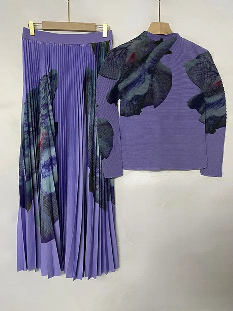 Stylish 2-Piece Party Set with Long Sleeve Top and High Waist A-Line Skirt - 2024 Autumn Collection