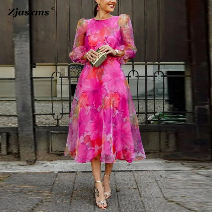 Floral Printed Autumn Evening Dress - Elegant & Casual Swing Party Dress