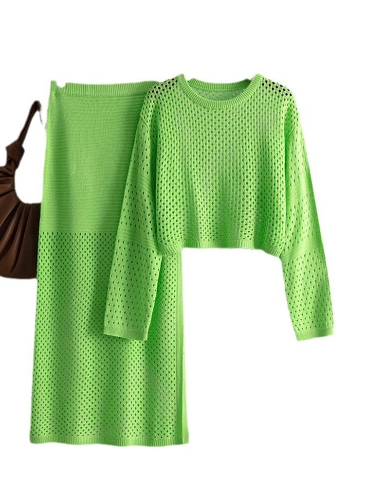 XFPV Women's Sweet Hollow Out Knitted Sweater Top Long Half Fashion Skirt 2-piece Set Y2k Korean Tide Autumn Winter 2024 SM11456