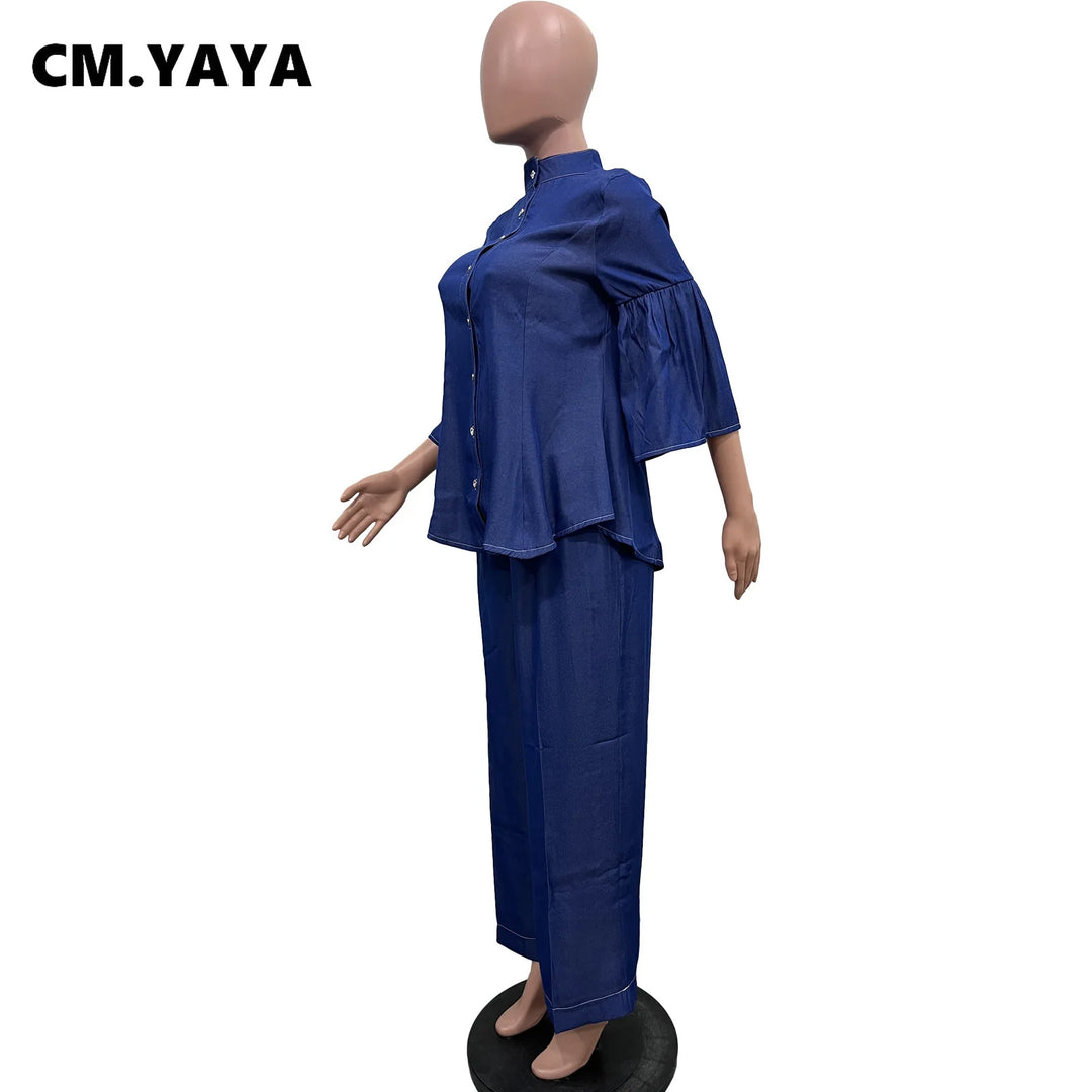 2024 Women's Fake Jean Set: Flare Shirt & Wide Leg Pants - CM.YAYA