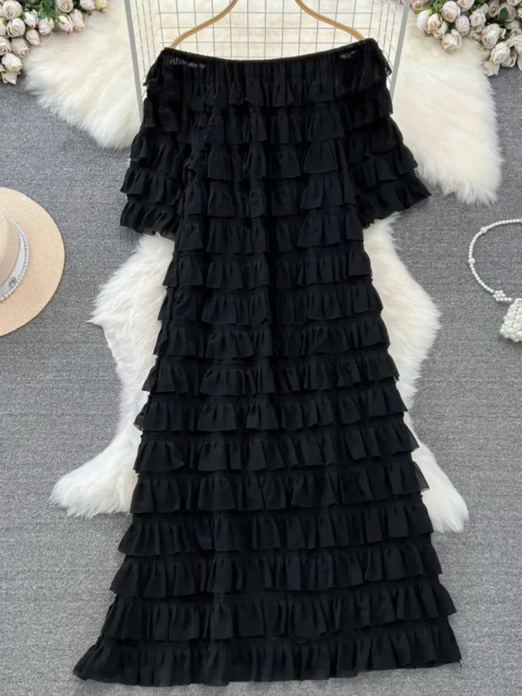 Chic Ruffled A-Line Dress - High Waist, Slash Neck, Spring/Summer 2024 - XFPV Women