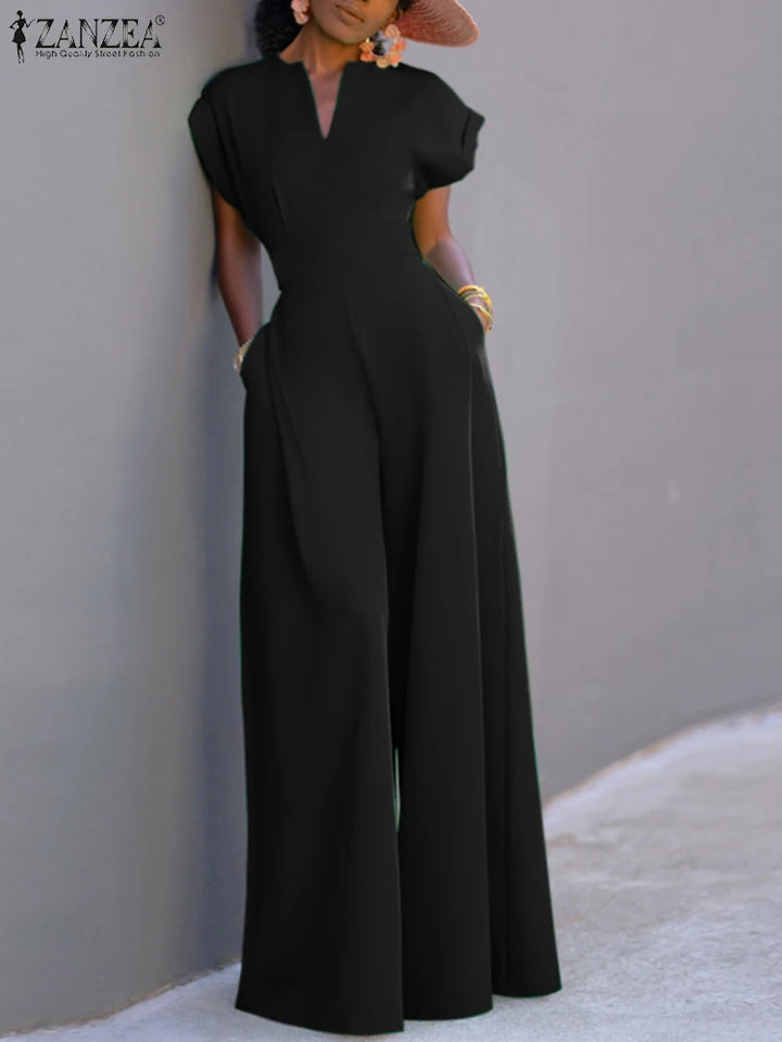 ZANZEA Summer Overalls Women 2024 Elegant Jumpsuits Holiday Casual Short Sleeve Long Rompers Commuting Wide Leg Pants Playsuit