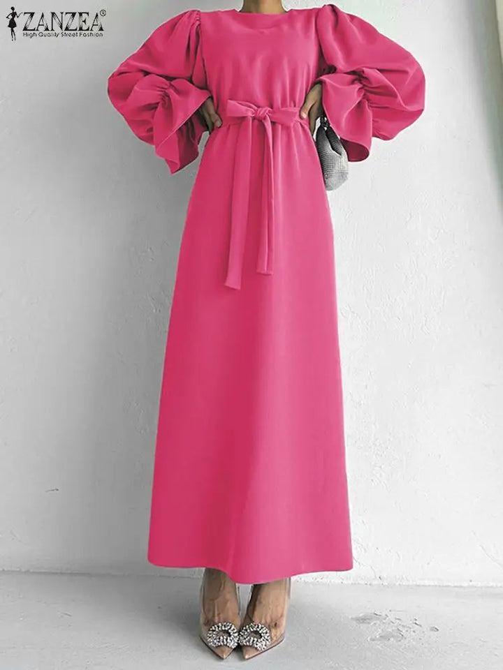 Vintage Maxi Dress with Ruffled Cuffs and Belt - ZANZEA 2023 Autumn Collection