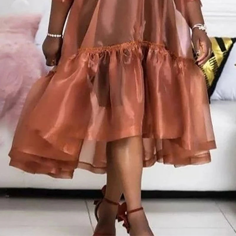 Brown Organza Midi Dress Plus Size