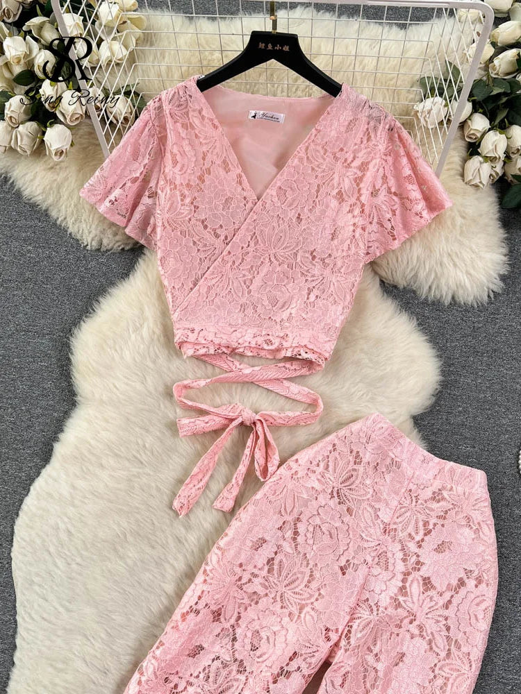 Floral Lace Two-Piece Set: Slim Top + Wide-Leg Pants - Summer Must-Have!