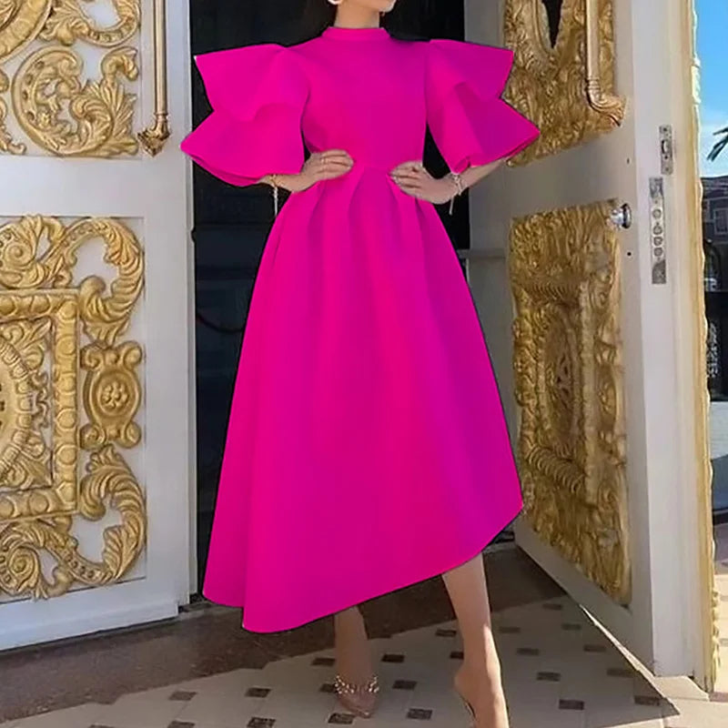 Plus Size Summer Party Dress - Elegant Double-deck Ruffle Design with Zipper - Solid Color, Round Neck, Half Sleeve