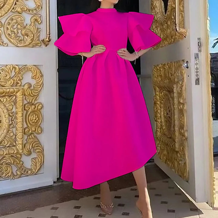 Plus Size Summer Party Dress - Elegant Double-deck Ruffle Design with Zipper - Solid Color, Round Neck, Half Sleeve
