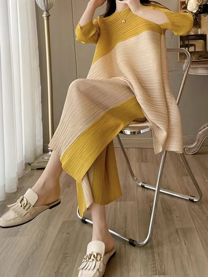 LANMREM Office Lady 2-Piece Set: Pleated Dress & Wide-Leg Trousers - Contrast Colors & High Waist - Sizes XS to XL