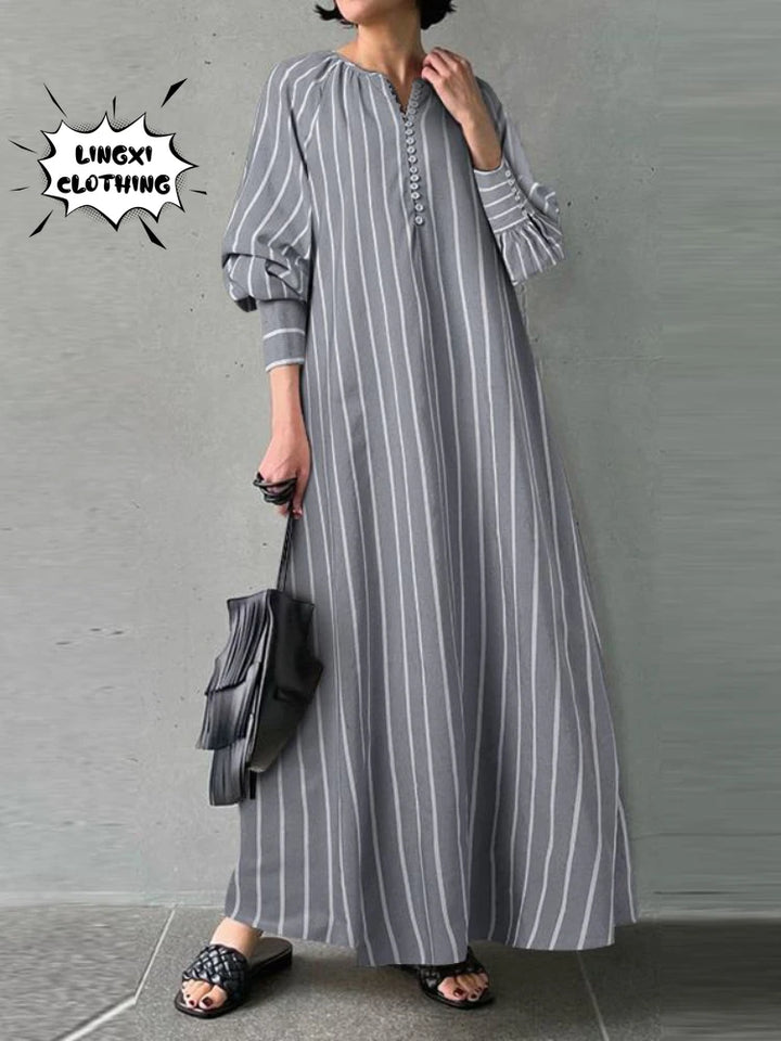 2023 Women's Vintage Linen Dress | Round Neck Long Sleeve Pullover | Elegant Robe