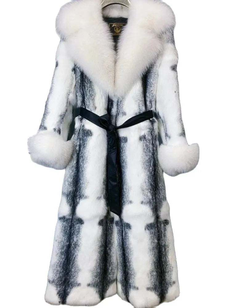 Women Winter Fashion Real Fur Coat X-long Natural Rabbit Fur Jacket With Real Fox Fur Collar Cuffs Winter Jacket Ladies Fur Coat