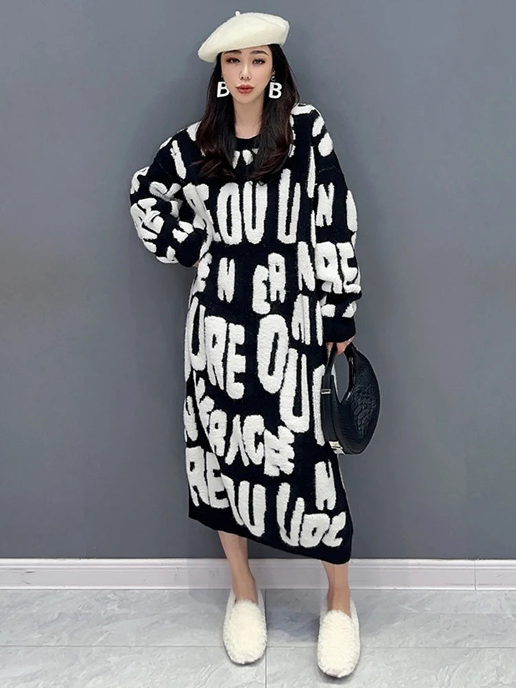 Autumn 2024 Versatile Knit Dress for Women - SHENGPALAE Villus Letter Print - O-neck - Straight - 5R7812