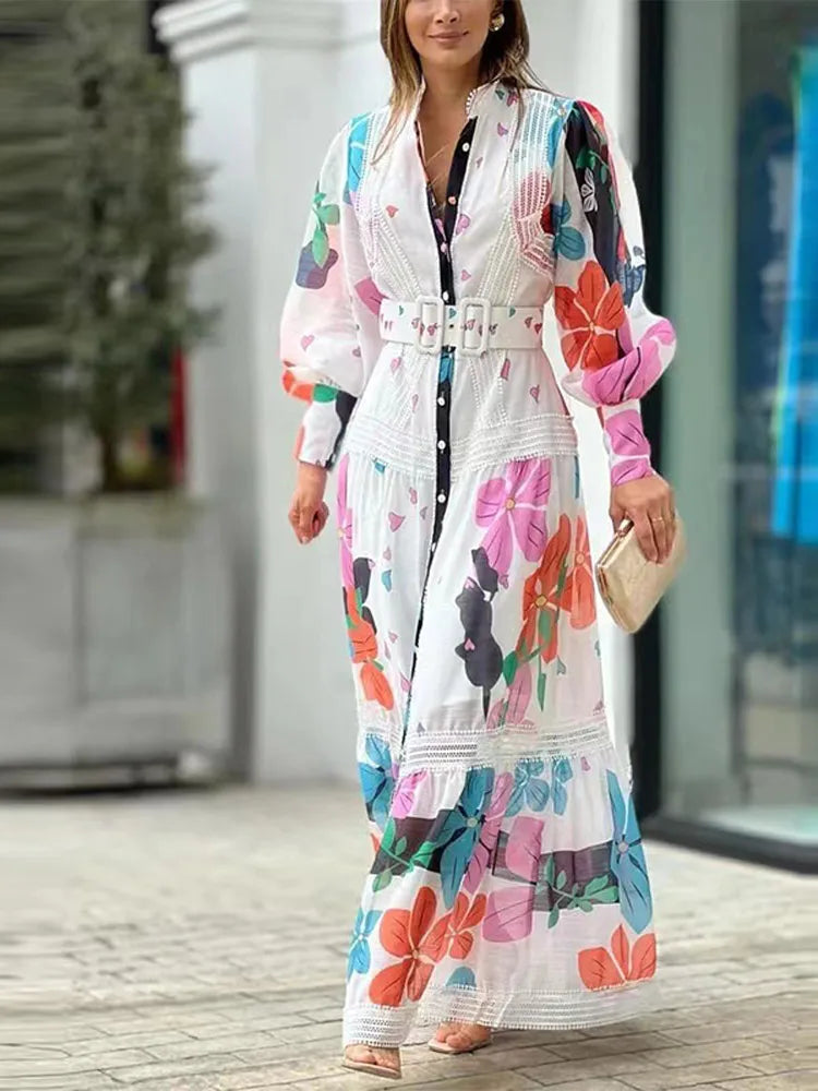 2024 Spring Summer Fashion Dress - Printed Lace V-Neck Loose Lady Robe with Buttoned Waistband