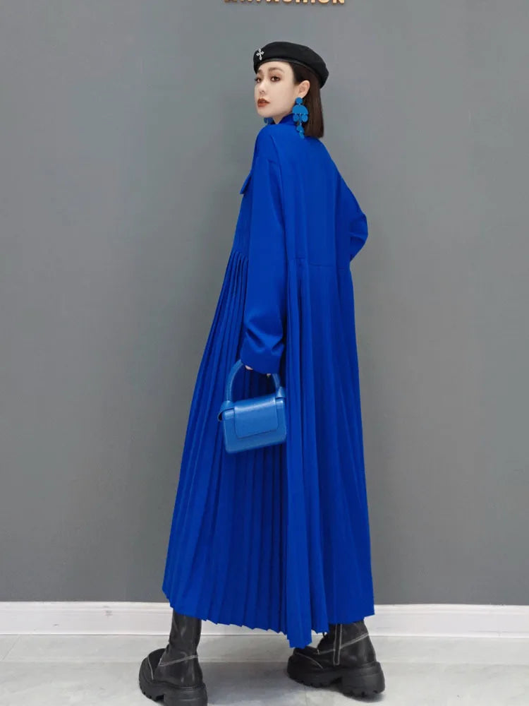 Stylish Solid Color Robe Dress for Women - Autumn 2024 Fashion - Long Sleeve, Pleated, Turn-Down Collar