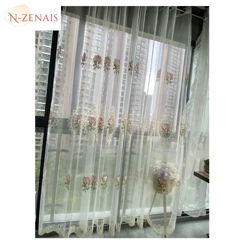 American Luxury Peony Tulle Curtain For Living Room European Elegant Flower Embroidery Sheer Voile Drapes For Bedroom