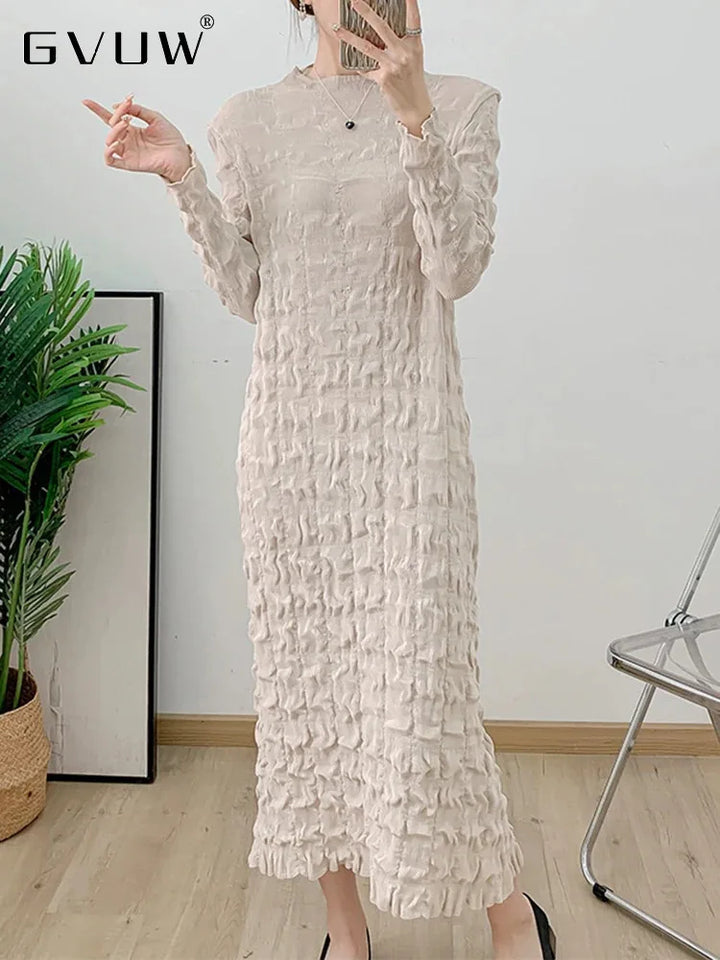 GVUW Pleated Slim Dress Women Round Collar Solid Full Sleeve Medium Long Female Fashion Temperament Pullover Dresses 17G8088