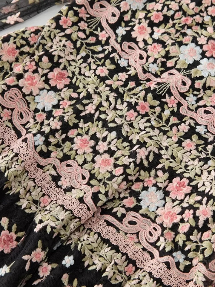Vintage Autumn Maxi Dress | Mesh & Floral Embroidery | High Waist & Lantern Sleeves