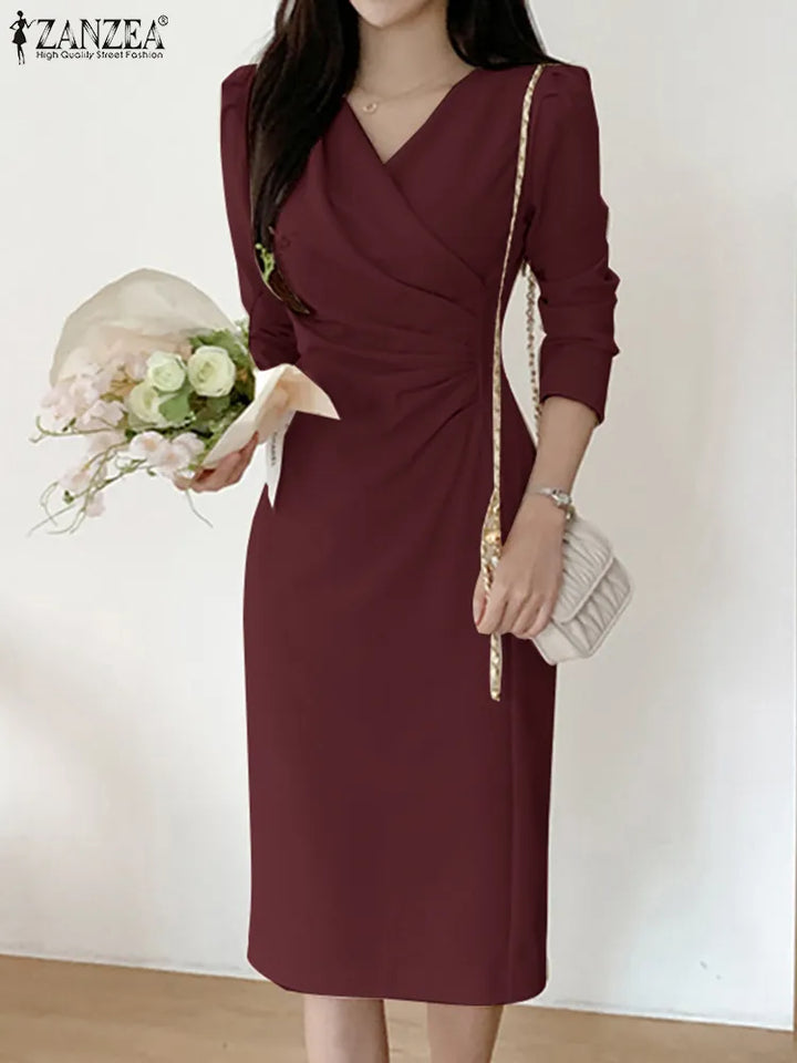 Elegant V-Neck Midi Dress - ZANZEA Spring Collection