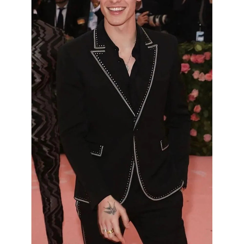 Men Luxury Black 2Pc Suit Single Breasted Silver Embellished Elegant Groomsmen Wedding Dinner Prom Party Personalized Coat Pant