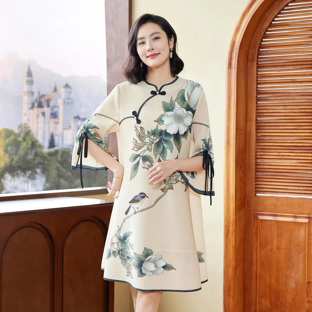 2024 Spring Chinese Style Dress: Pleated Print, High-end Fashion for Moms, Plus Size