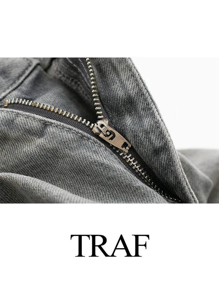 Upgrade Your Style with TRAF 2024 Women's Patchwork Jeans - Casual, Wide Leg Denim Pants for a Fashionable Look!