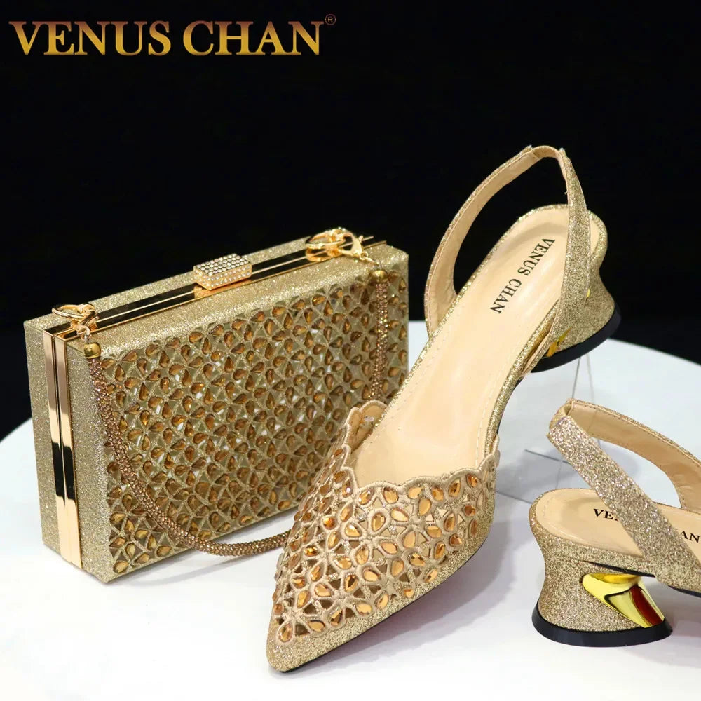 Women's Venus Chan Low Heel Shoes Set - Gold Italian Design with Embroidery & Rhinestones