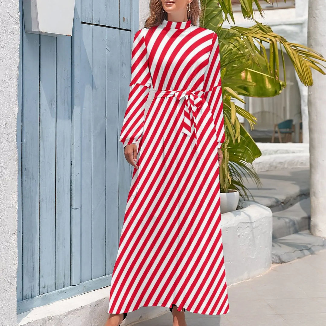 Korean Fashion Striped Maxi Dress - High Waist, Christmas Kawaii, Beach Wear - Red Line Print - European Sizing