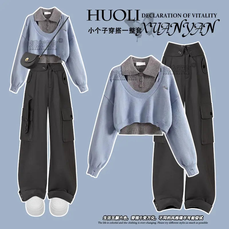 Women's Knitted Sweater Polo Neck Set