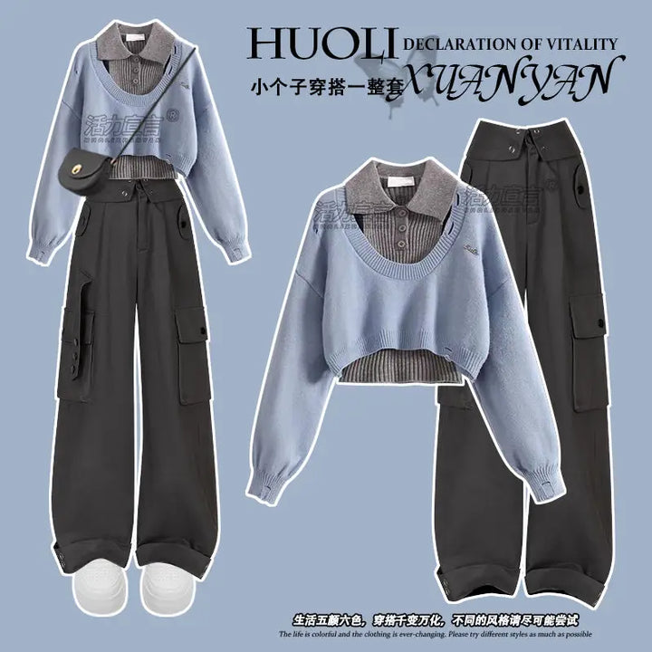 Women's Knitted Sweater Polo Neck Set