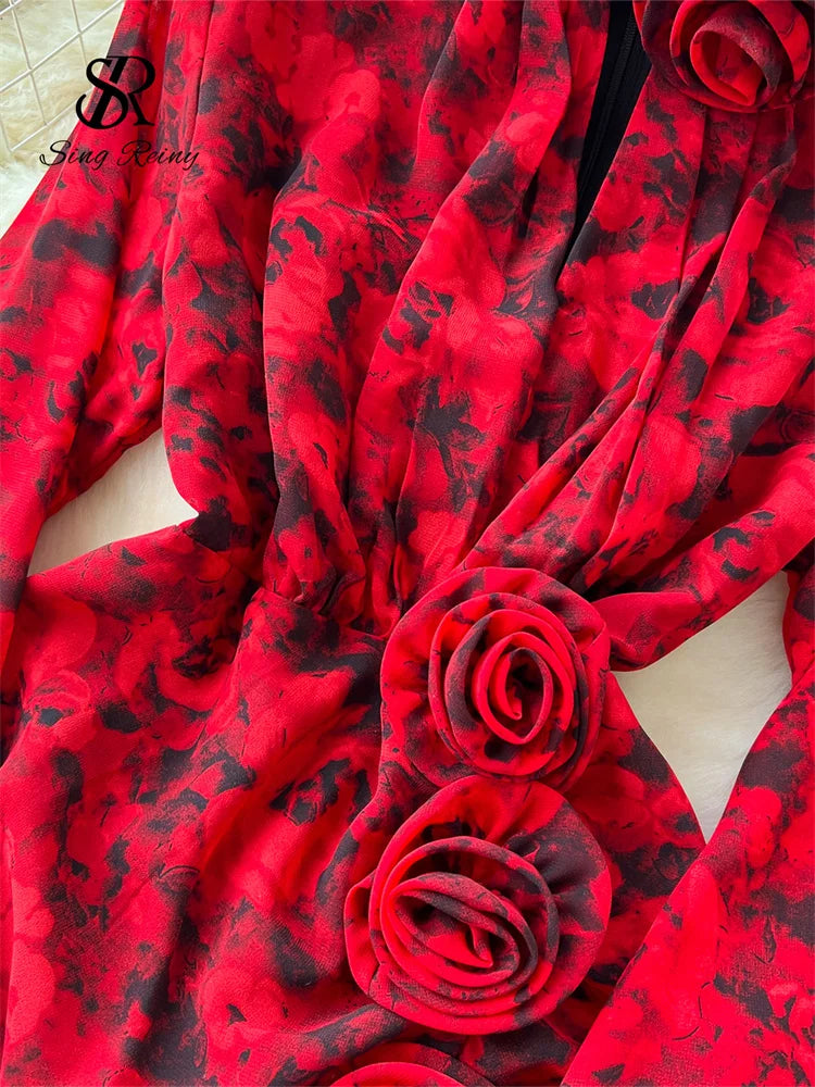 SINGREINY 3D Floral High Quality Long Dress - Streetwear 2024