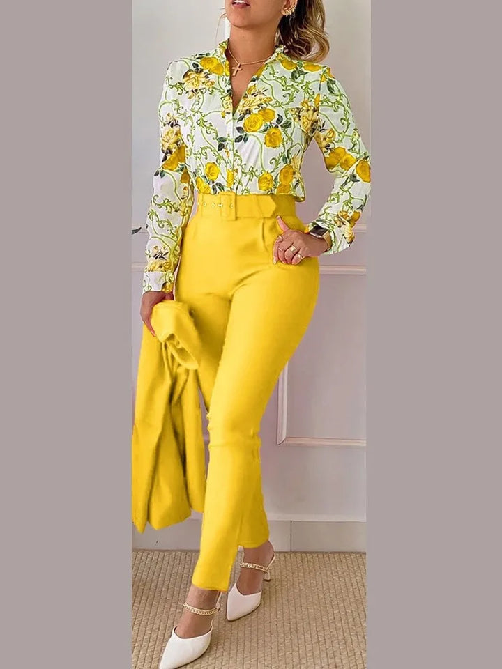 Floral Print Two-Piece Set - Elegant Office Attire for Women