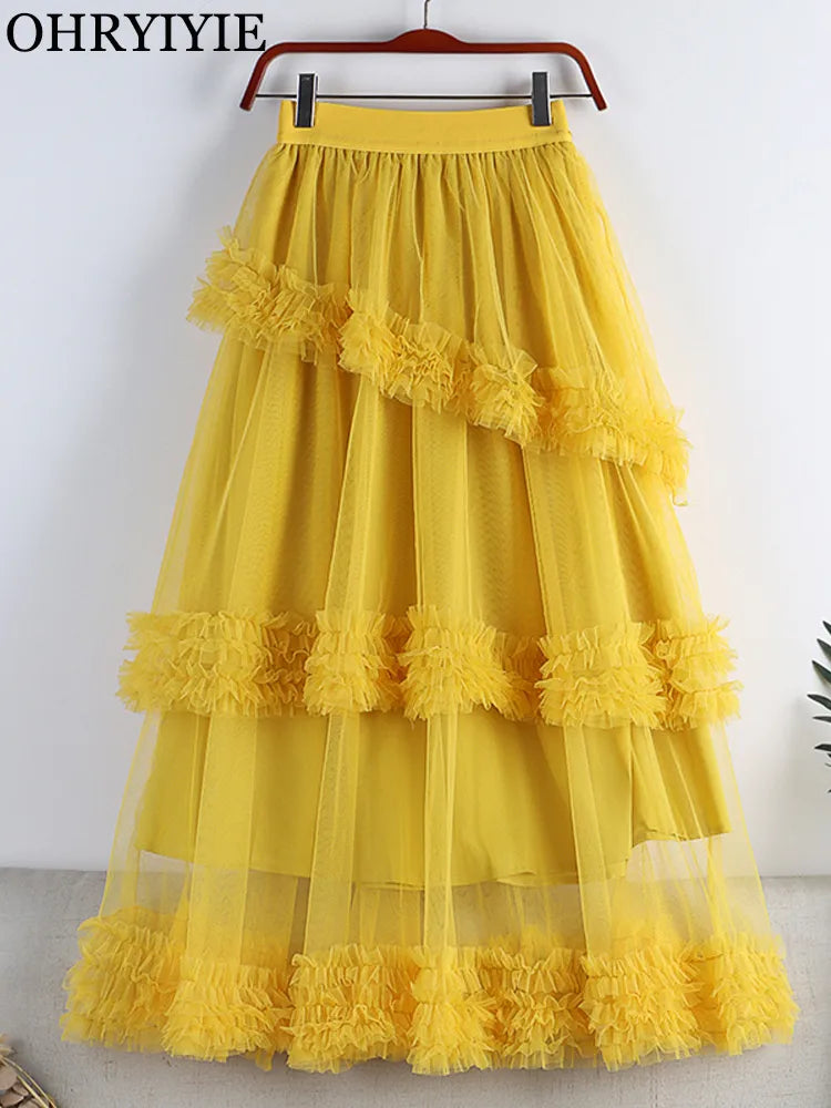 Elegant High Waist Tulle Skirt - Yellow Green Winter Party Skirt for Women - 2023 Collection