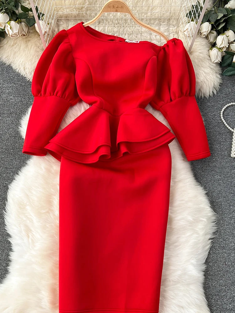 Red Party Dress with Puff Sleeve - Korean Fashion 2024