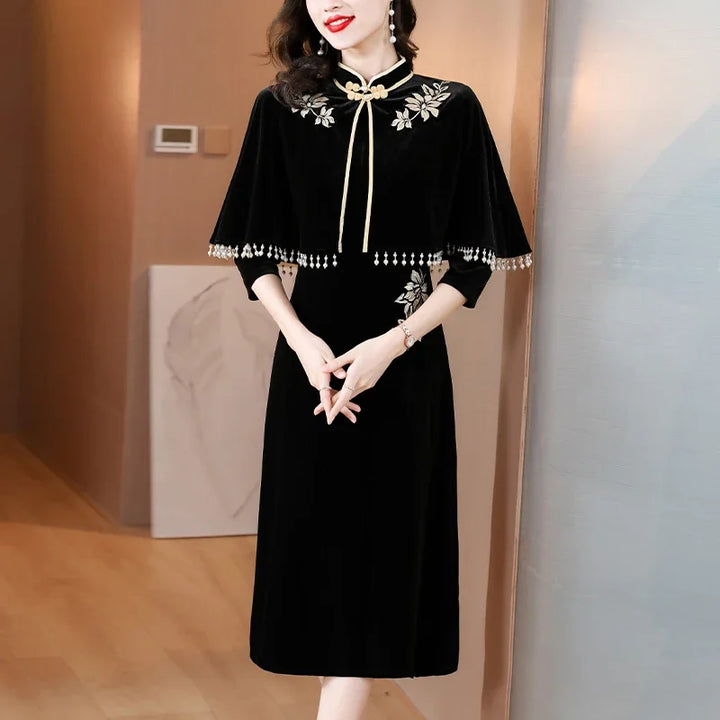 Vintage Chinese Embroidery Midi Dress - Elegant Two Piece Set for Autumn Winter Parties