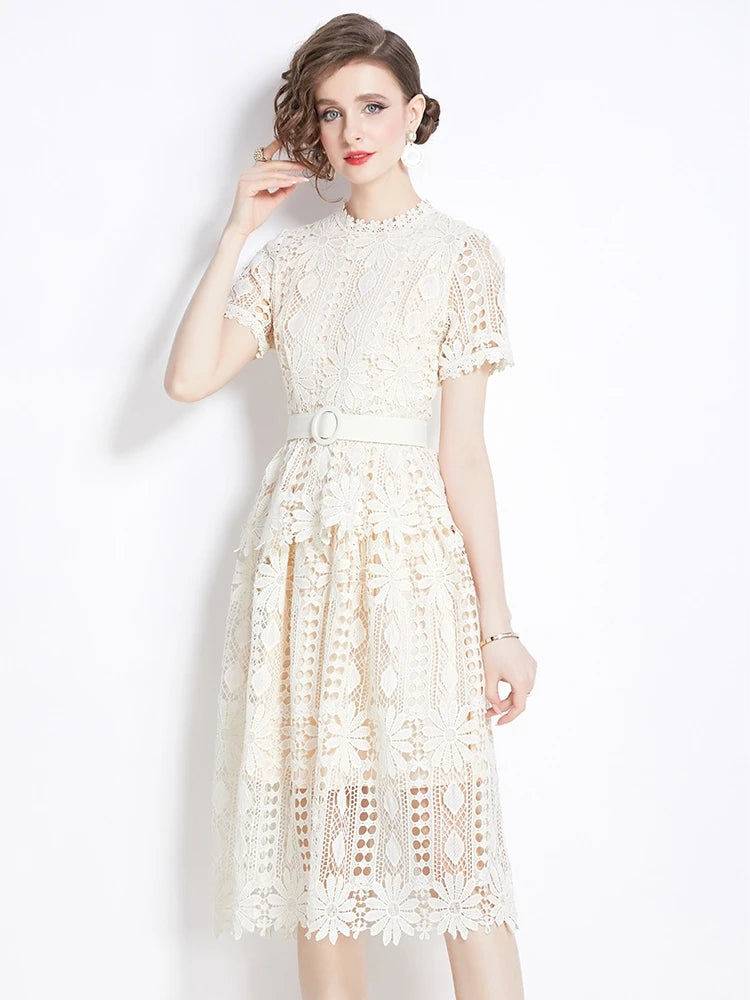 Elegant Lace Crochet Flower Party Dress