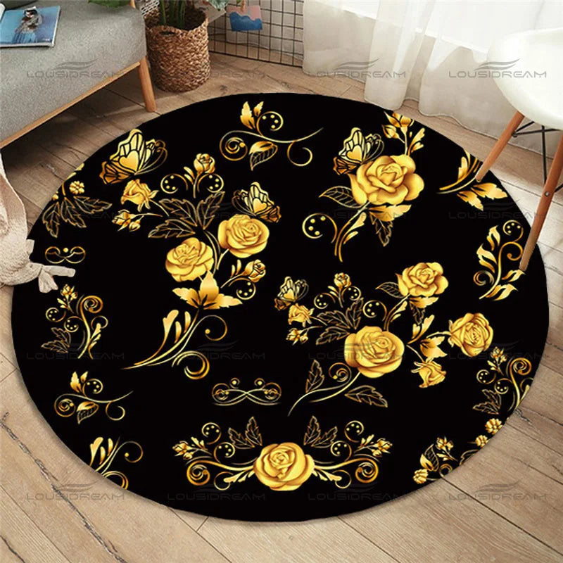 Fashion Round Rose Rug Home Anti-Slip Gold Rose Pattern Floor Mat Children's Bedroom Carpet Living Room Carpet