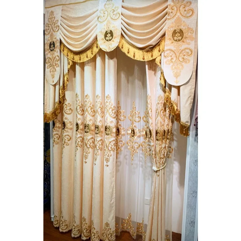 European Beige Embroidered Chenille Luxury Curtains for Living Room Blackout Bedroom Window Dining Custom Valance White Tulle