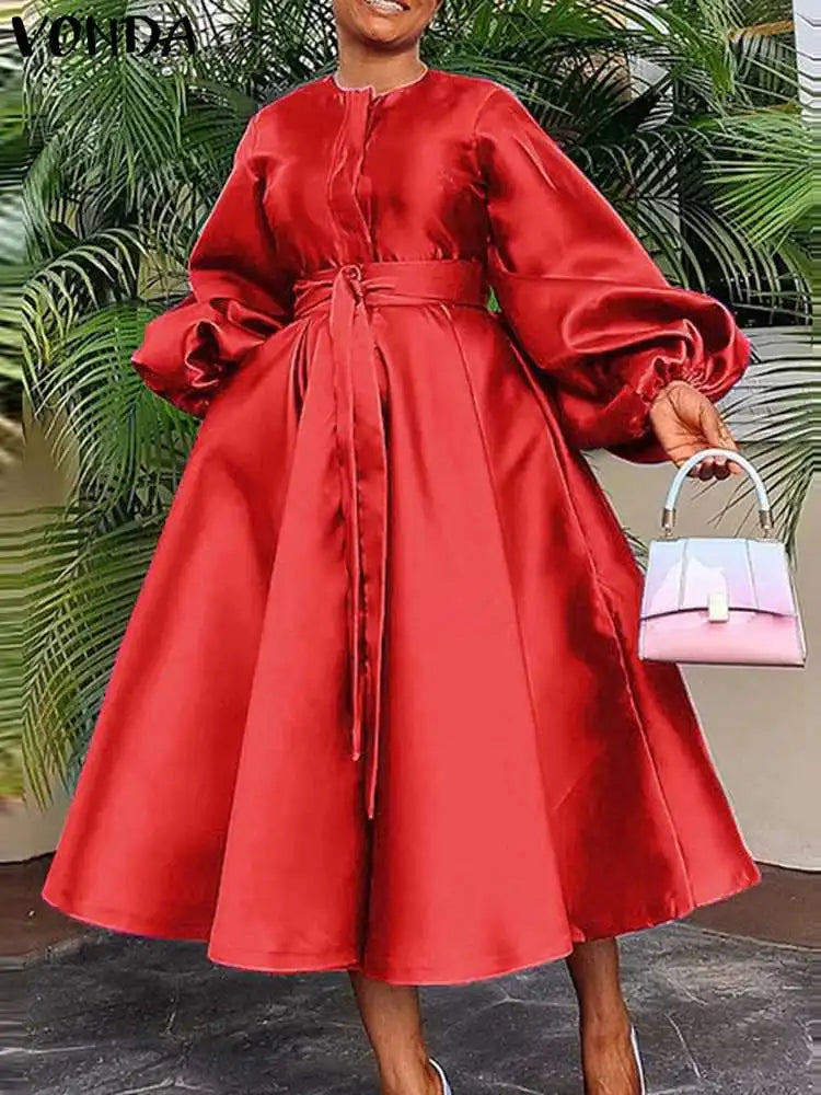 Elegant VONDA Satin Party Dress with Long Lantern Sleeves and Pleated Midi Skirt - Casual Loose Solid Robe with Belt