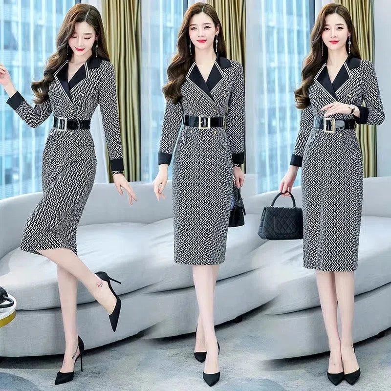 Vintage Notched Collar Belt Balzer Dress - Elegant Office Style for Autumn Parties