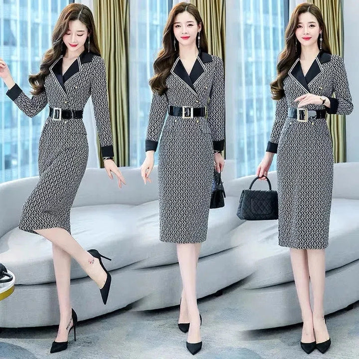 Vintage Notched Collar Belt Balzer Dress - Elegant Office Style for Autumn Parties