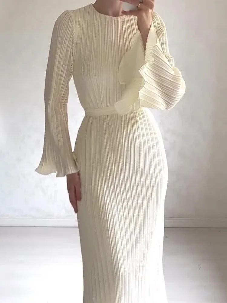 LANMREM Elegant Pleated Dress - Spring 2024 Collection - Sizes S-2XL - Solid Color - Party Dress